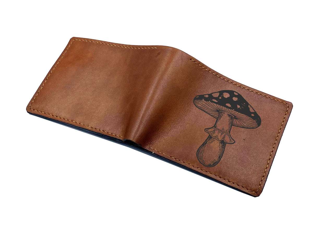 Mushroom Engraved Leather Wallet: Personalized Plant Pattern Gift