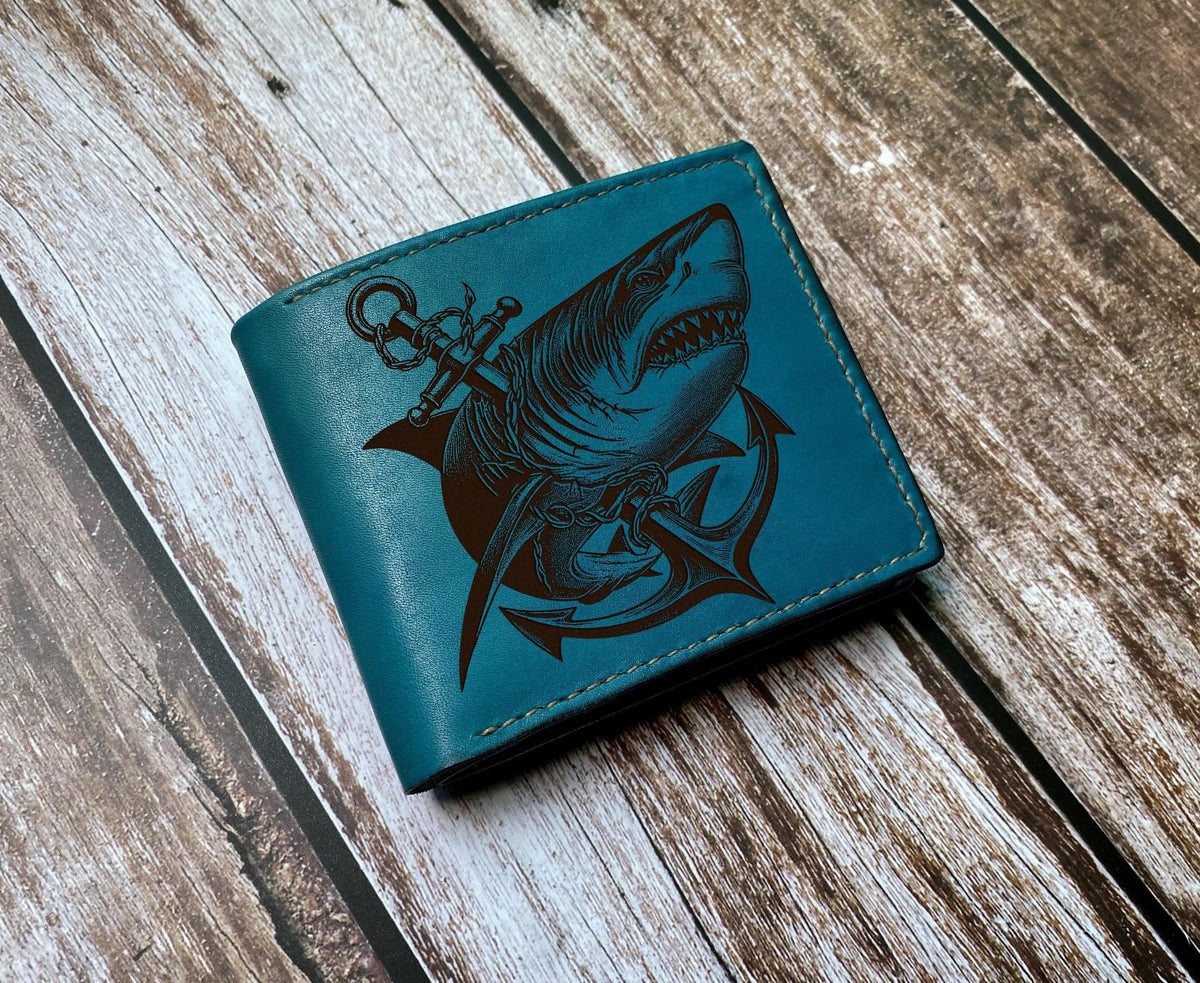 Engraved Shark Anchor Leather Wallet: Personalized Mariner Gift