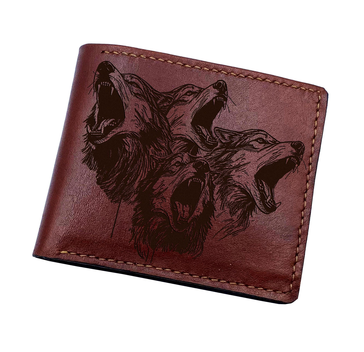 Engraved Wolf Pack Leather Wallet, Personalized Handmade Bifold