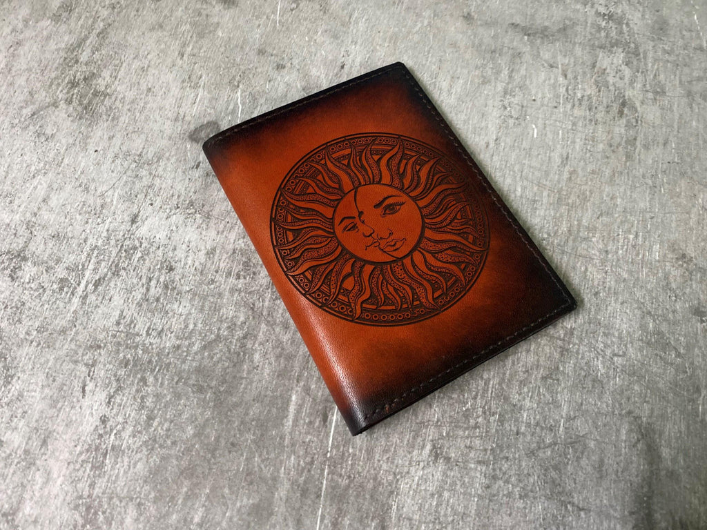 Custom Leather Passport Wallet: Sun & Moon Art, Handmade