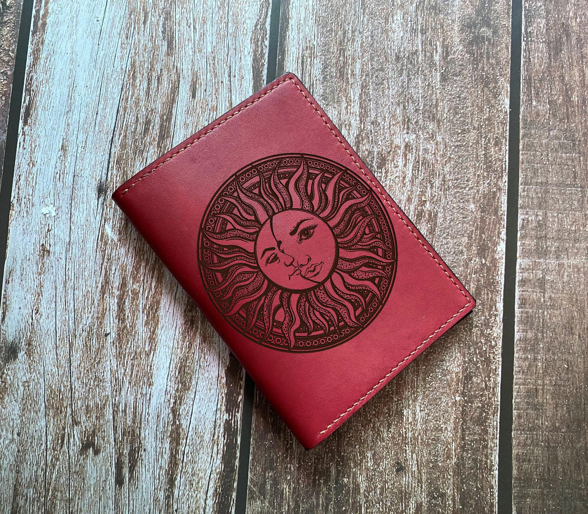 Custom Leather Passport Wallet: Sun & Moon Art, Handmade