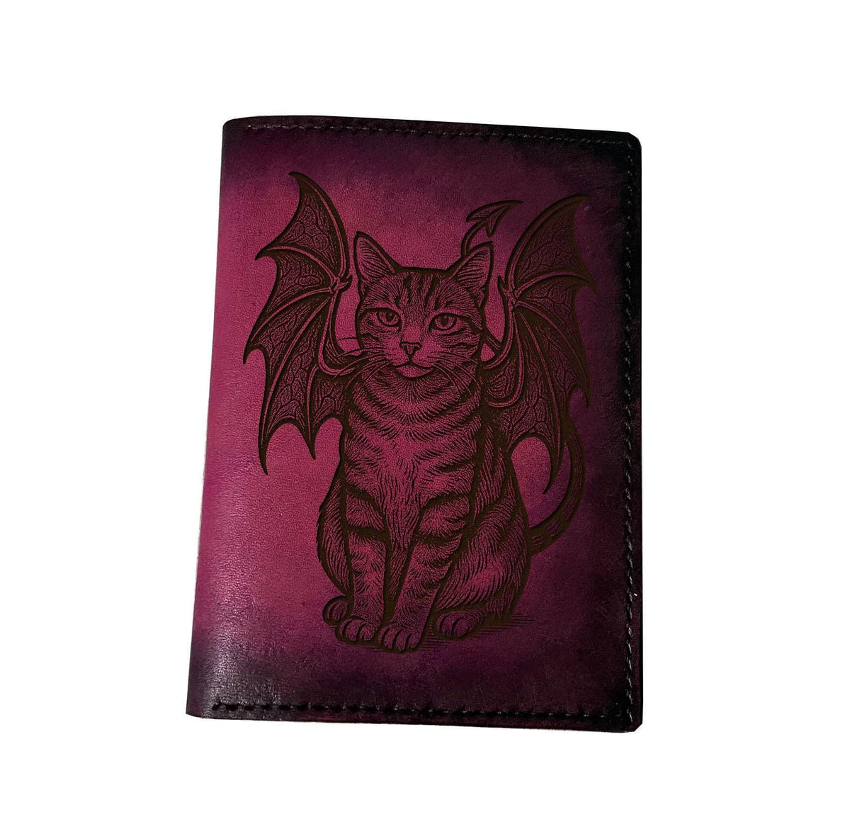 Handmade Leather Passport Wallet, Devil Cat Design, Gift for Pet Lover