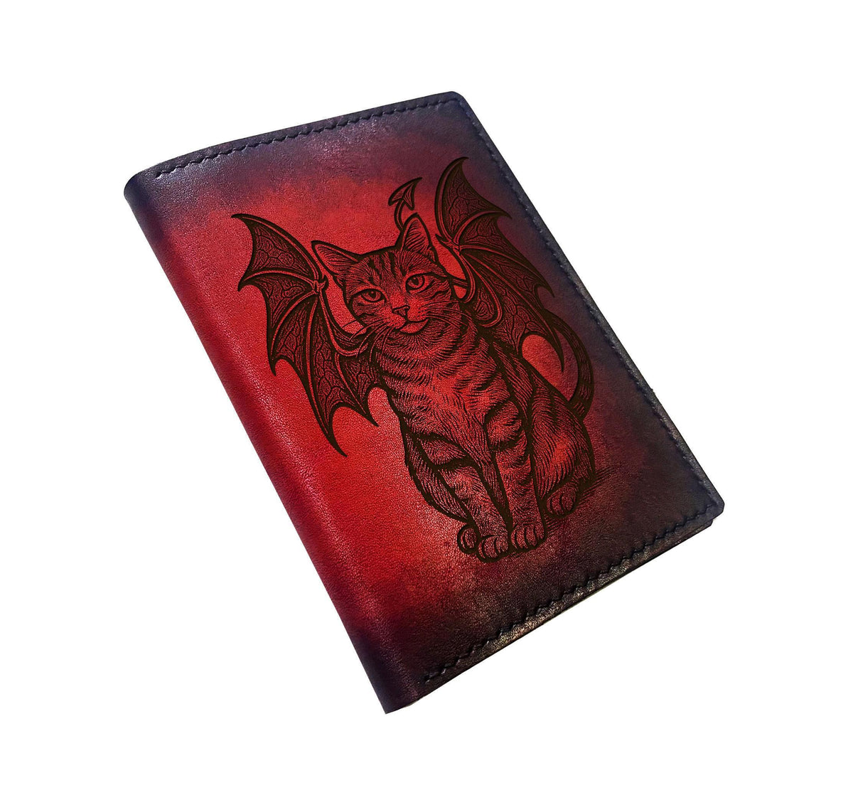 Handmade Leather Passport Wallet, Devil Cat Design, Gift for Pet Lover