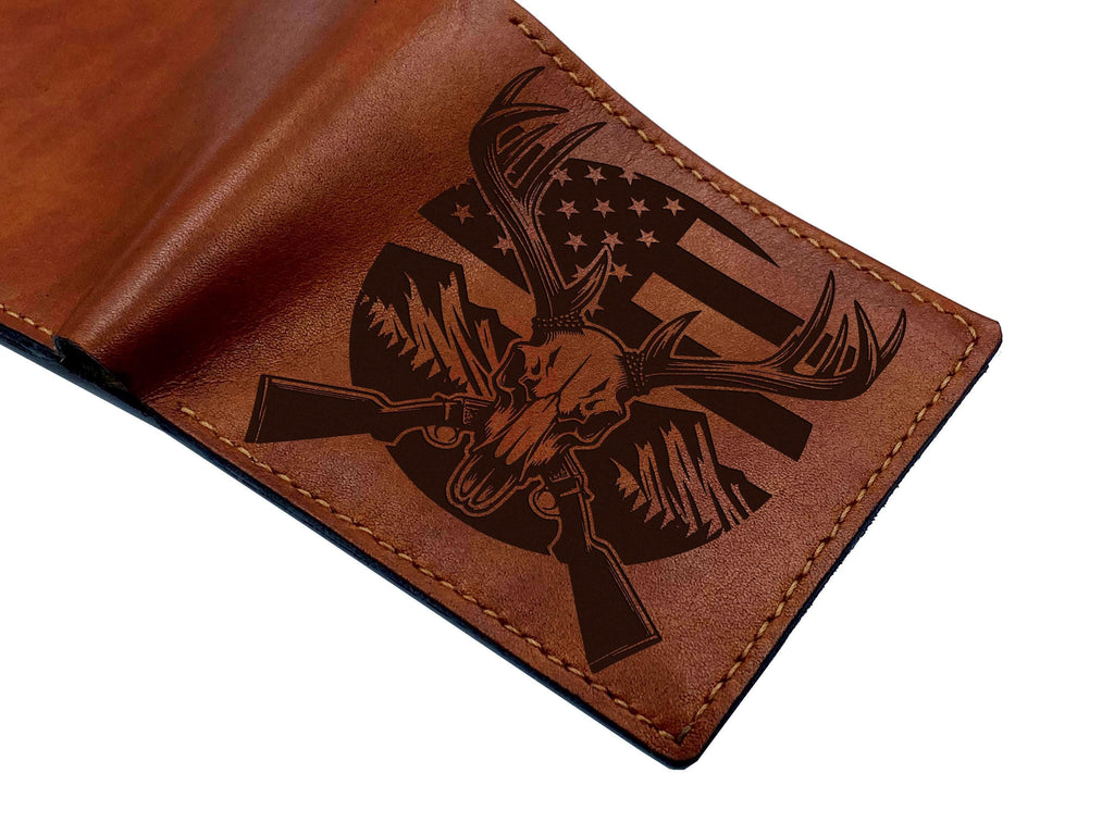 Handmade Leather Deer Hunting Wallet, Engraved Skull Gift