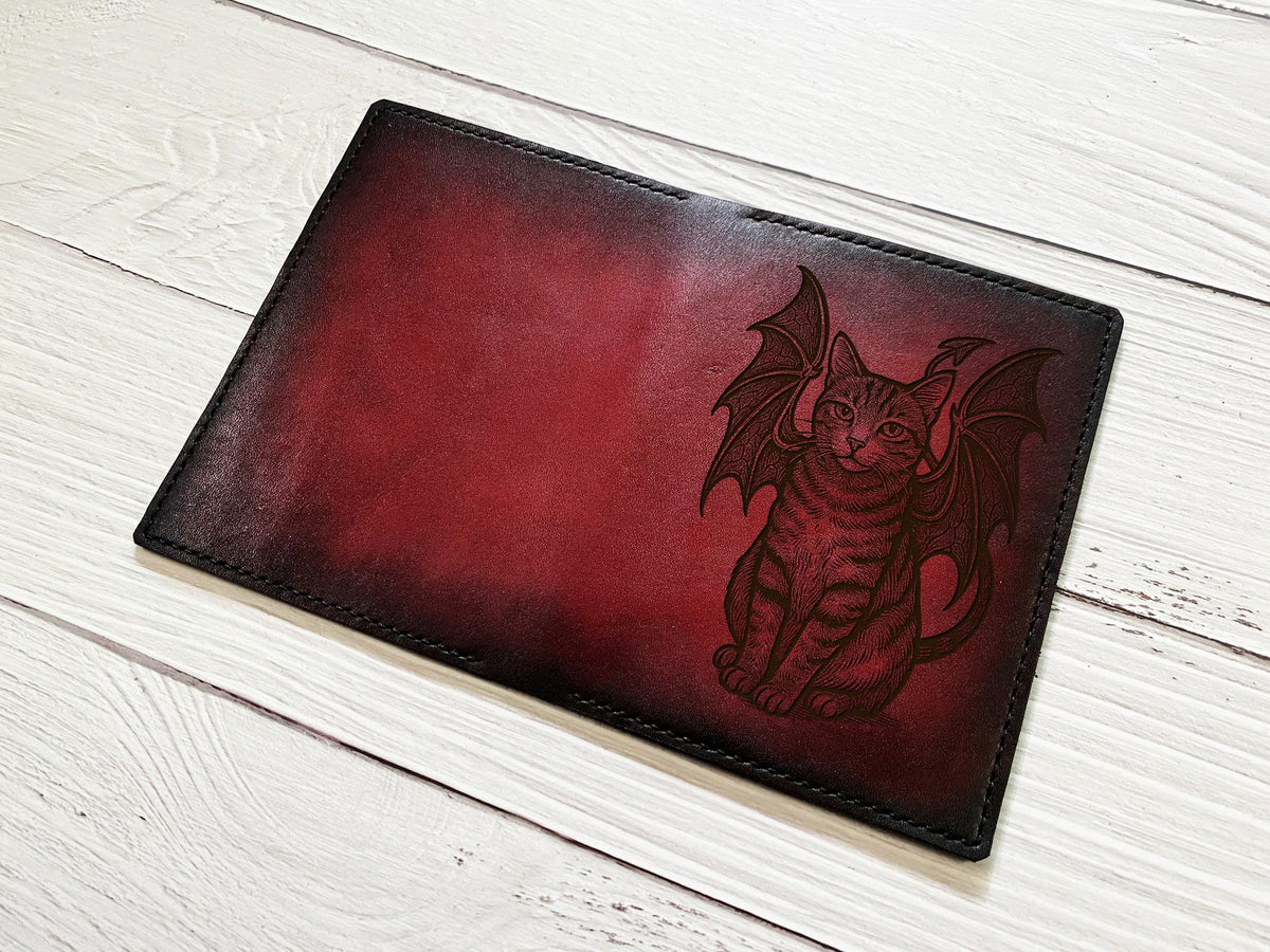 Handmade Leather Passport Wallet, Devil Cat Design, Gift for Pet Lover
