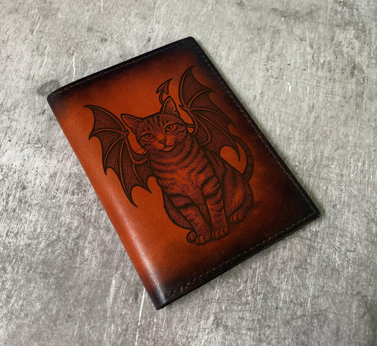 Handmade Leather Passport Wallet, Devil Cat Design, Gift for Pet Lover