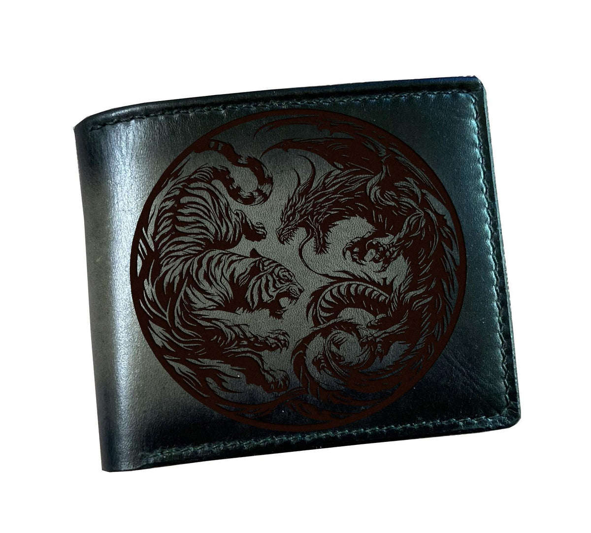 Engraved Leather Bifold Wallet: Tiger Dragon Design, Handmade