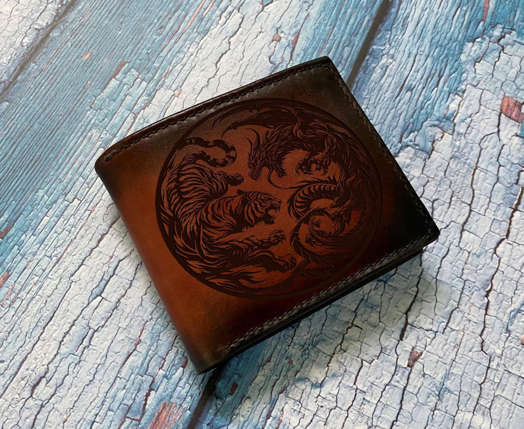 Engraved Leather Bifold Wallet: Tiger Dragon Design, Handmade