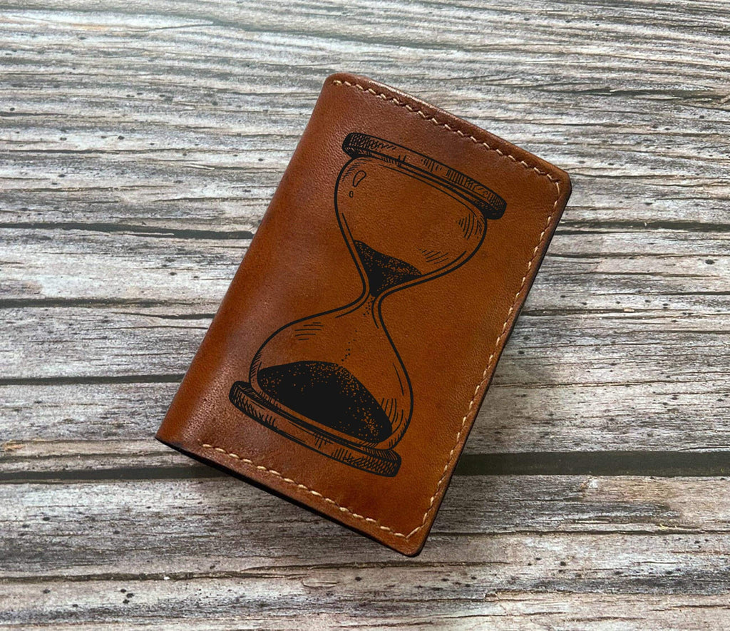 Handmade Leather Bifold Wallet: Time Sand Clock Pattern, Engraved Wallet