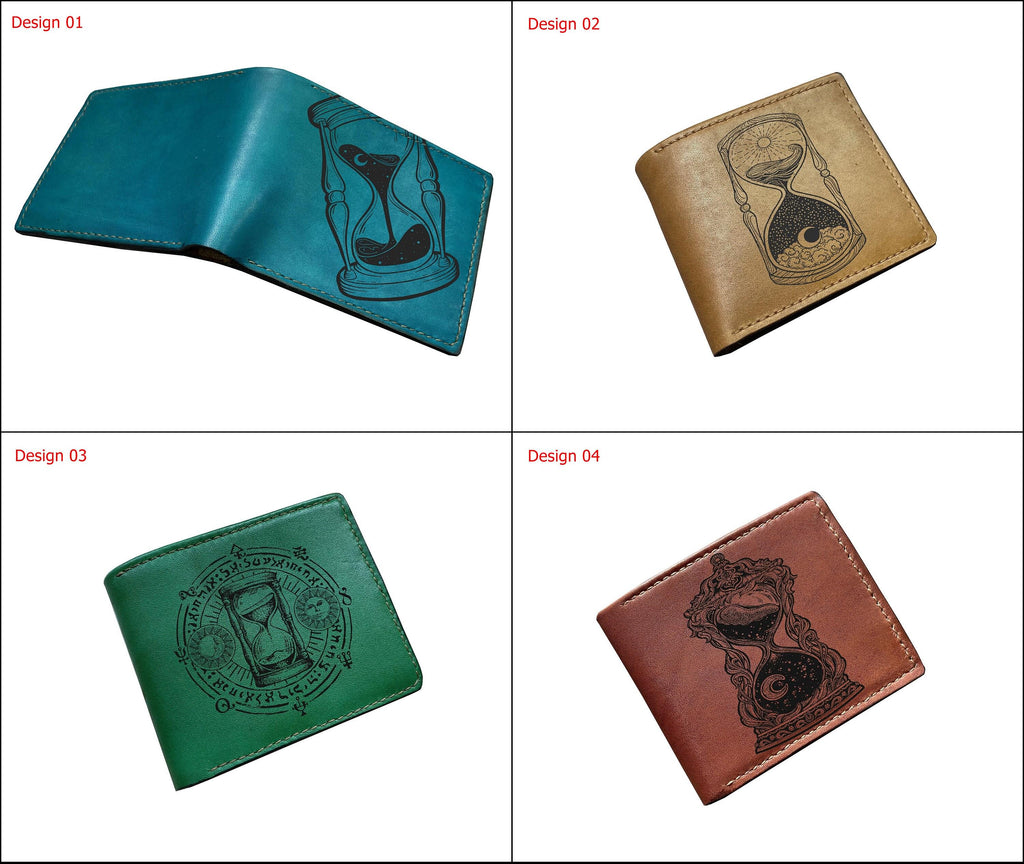 Handmade Leather Bifold Wallet: Time Sand Clock Pattern, Engraved Wallet