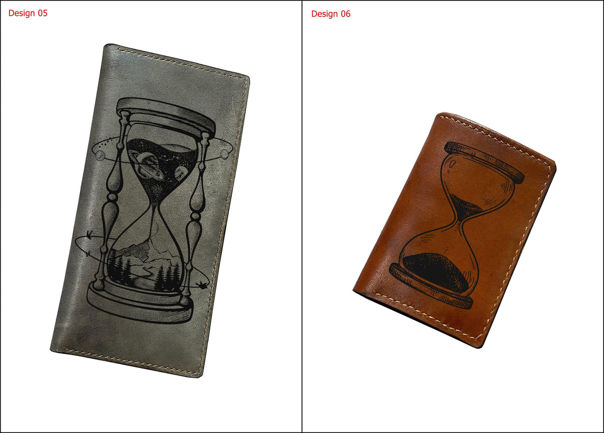 Handmade Leather Bifold Wallet: Time Sand Clock Pattern, Engraved Wallet