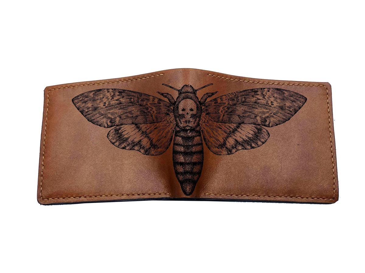 Moth & Skull Leather Wallet: Personalized Insect Art, Gothic style wallet