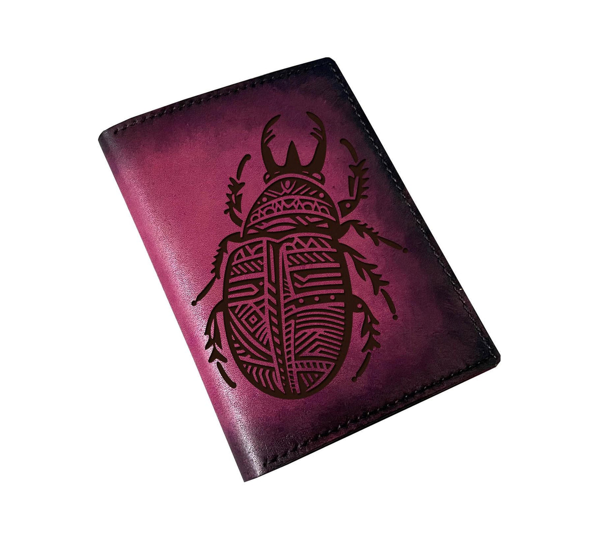 Rhinoceros beetle tribal style leather wallet, geometric art leather gift for him