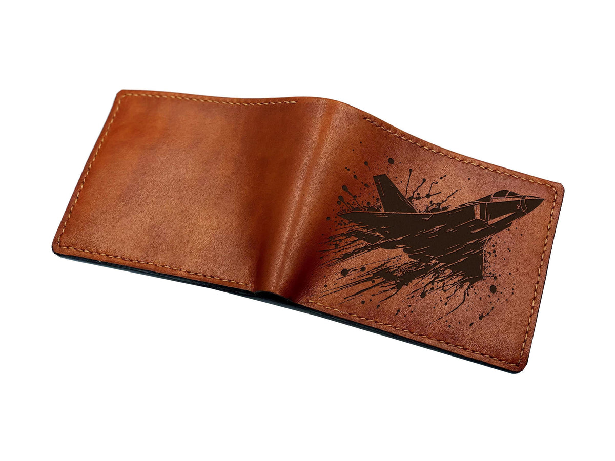 Handmade Leather Airplane Wallet: Engraved Fighter Jet, Military Gift