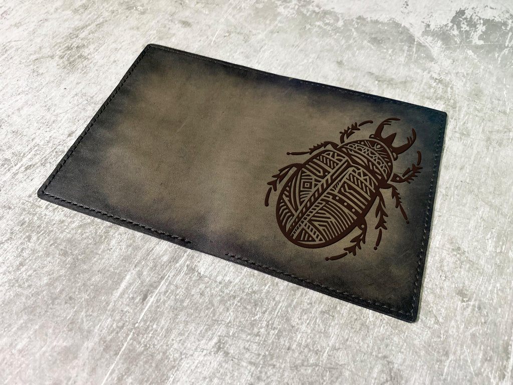 Rhinoceros beetle tribal style leather wallet, geometric art leather gift for him
