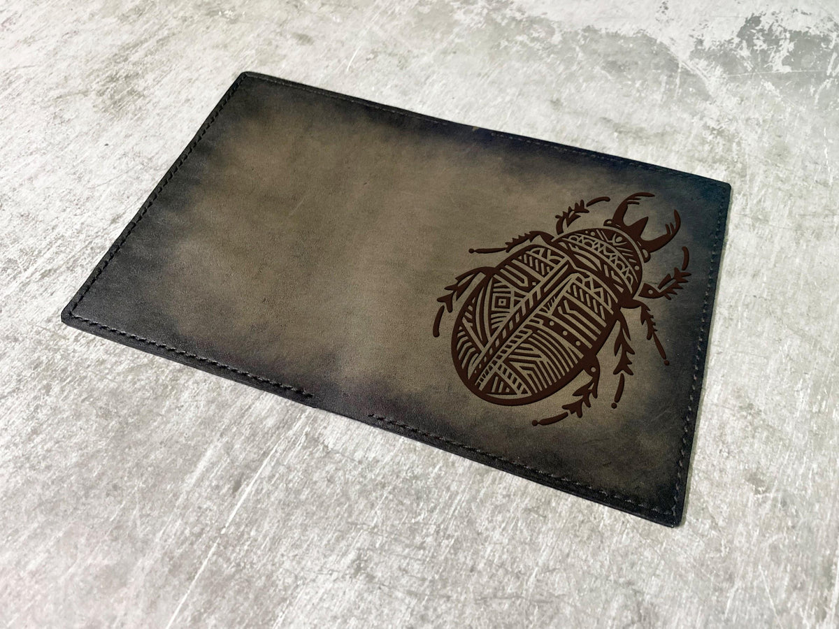 Rhinoceros beetle tribal style leather wallet, geometric art leather gift for him