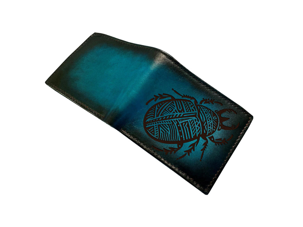 Rhinoceros beetle tribal style leather wallet, geometric art leather gift for him