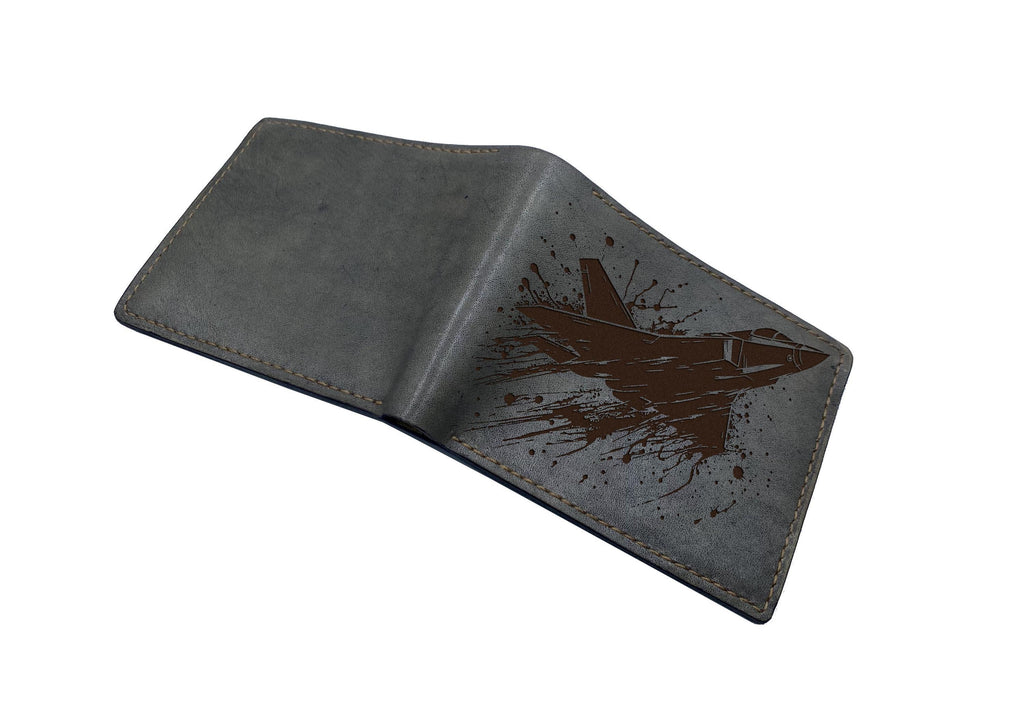 Handmade Leather Airplane Wallet: Engraved Fighter Jet, Military Gift