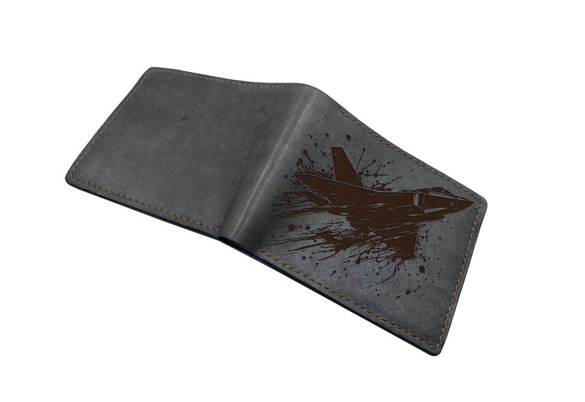Handmade Leather Airplane Wallet: Engraved Fighter Jet, Military Gift