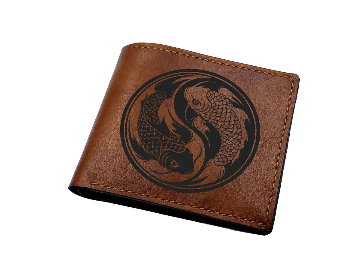 Handmade Leather Yin Yang Wallet, Mountain and Ocean Design