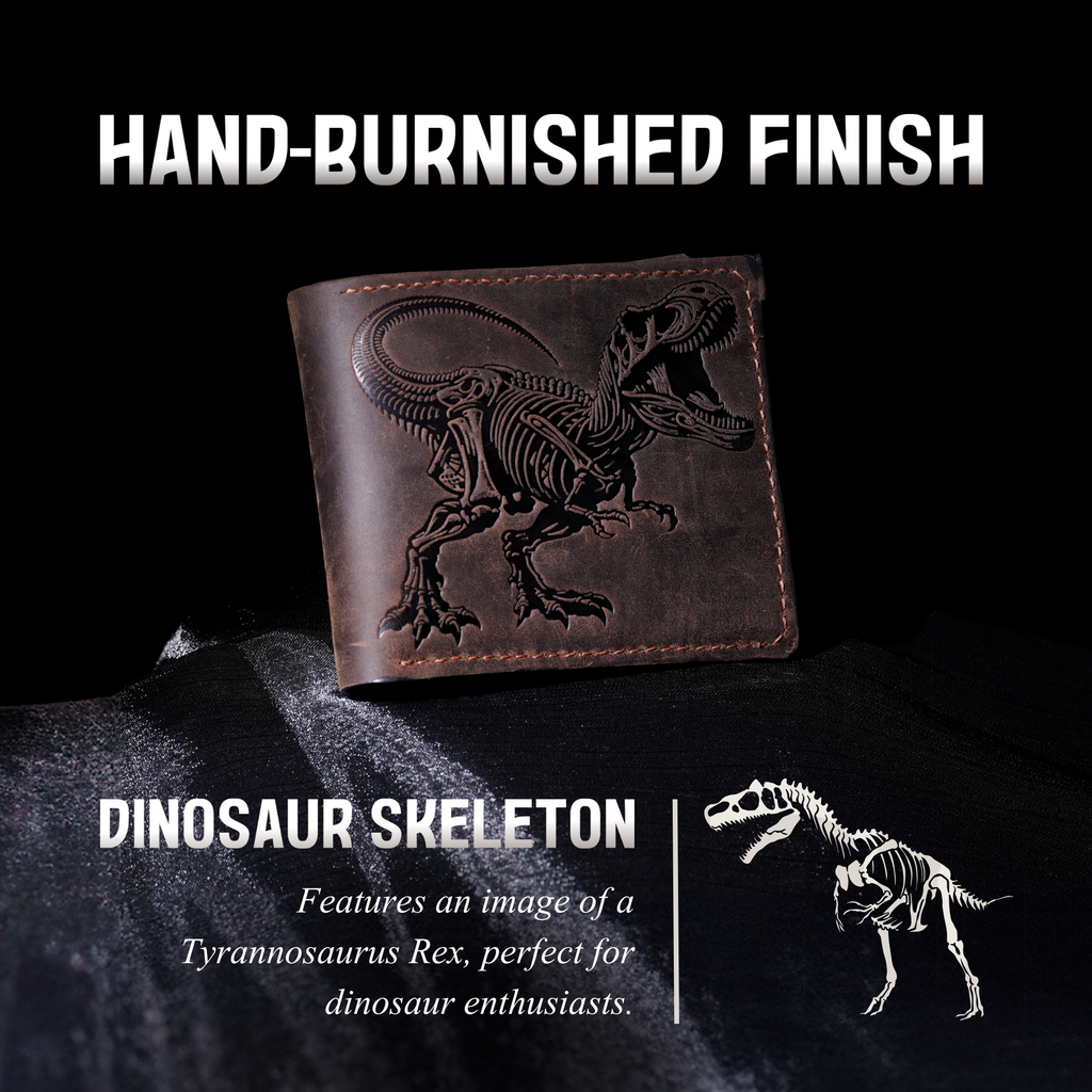 T-rex skeleton leather handmade wallet, wax leather wallet with custom engraving
