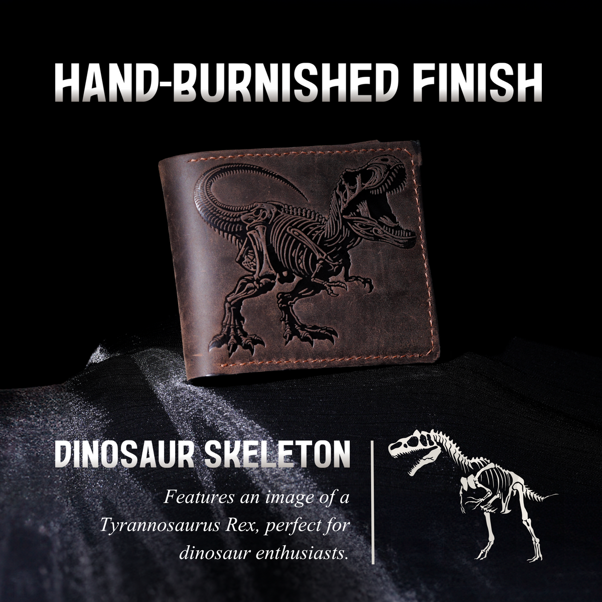 T-rex skeleton leather handmade wallet, wax leather wallet with custom engraving