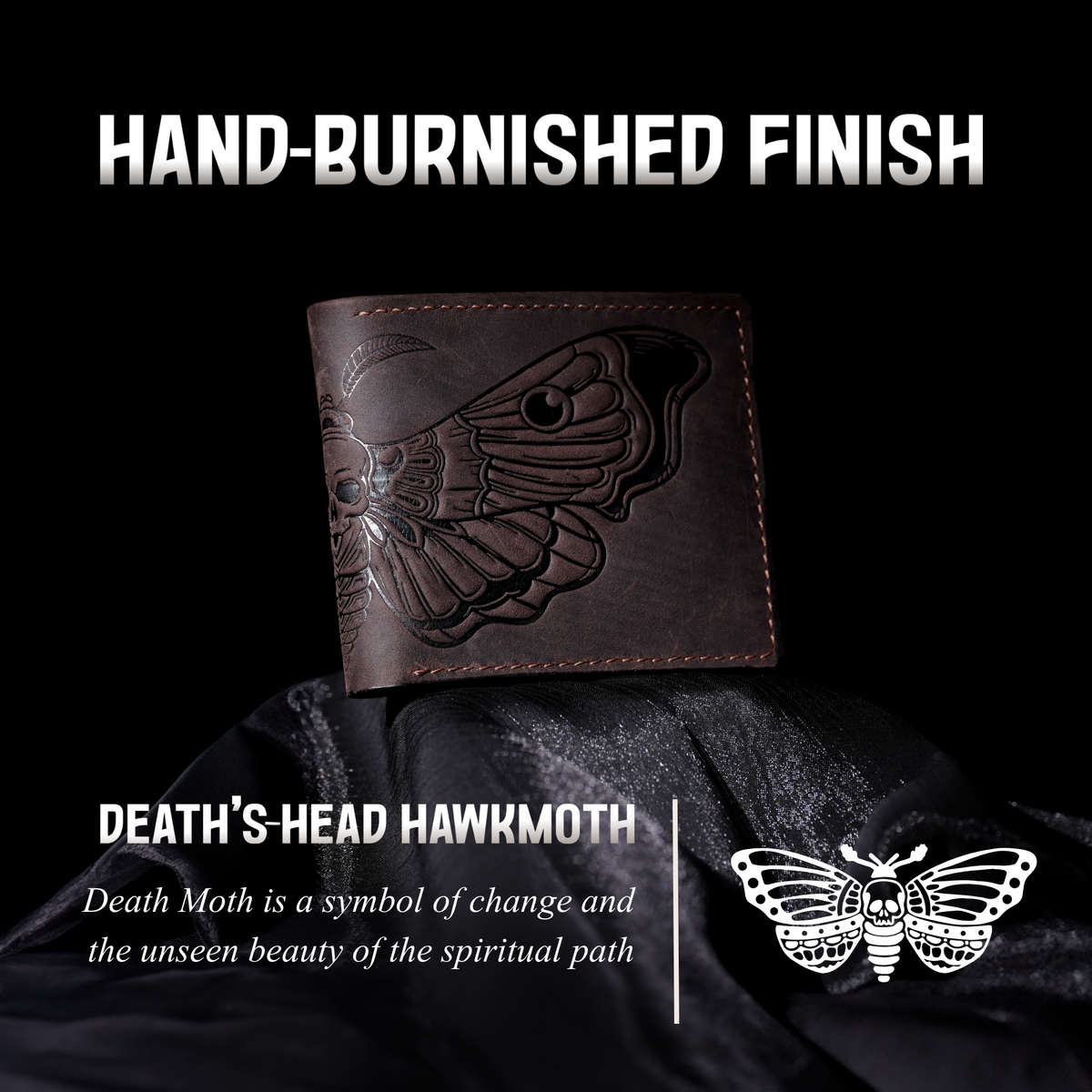 Deadhead Hawk Moth distress wax leather wallet, custom handmade insect gifts