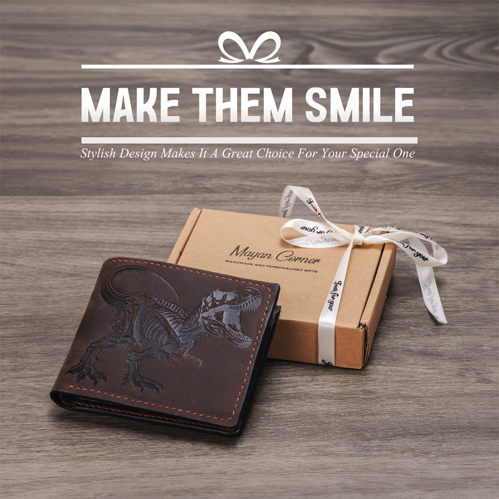 T-rex skeleton leather handmade wallet, wax leather wallet with custom engraving