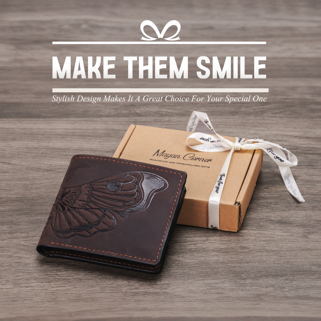 Deadhead Hawk Moth distress wax leather wallet, custom handmade insect gifts