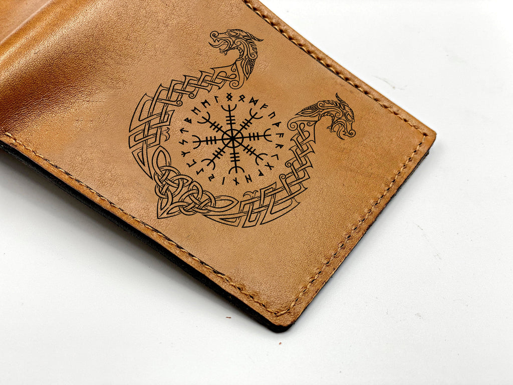 Custom leather men's wallet, norse runes celtic viking symbol wallet, bifold engraved wallet, gift for him