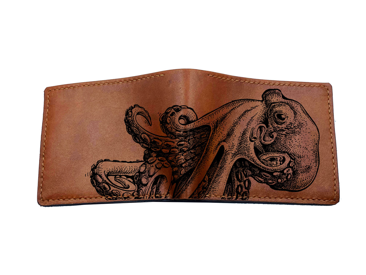 Personalized leather men's wallet, octopus pattern wallet, ocean sea summer gift for him, christmas gift idea for men, sea lover present